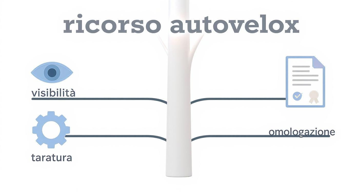 Infografica che mostra un albero decisionale con i principali motivi di ricorso per multe autovelox, inclusi omologazione, visibilità e taratura.