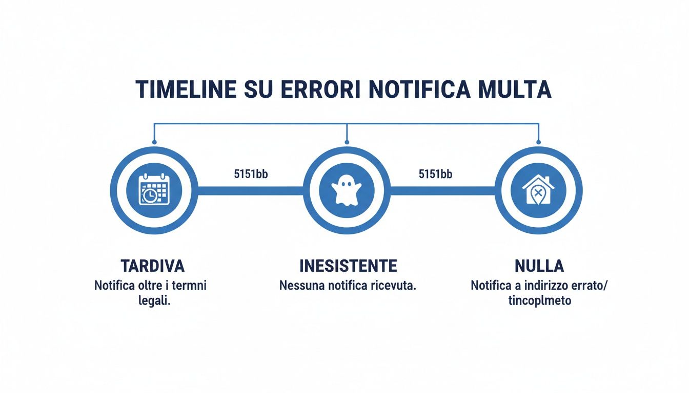 Timeline illustra i principali errori nella notifica di multe: tardiva, inesistente o nulla, con spiegazioni.