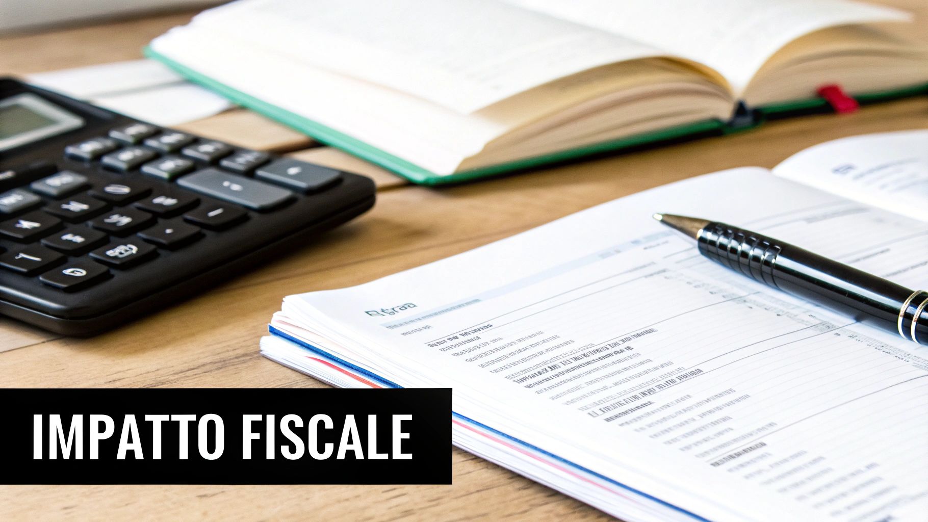Calcolatrice, documenti, penna e un quaderno aperto su una scrivania in legno, con la scritta 'IMPATTO FISCALE'.