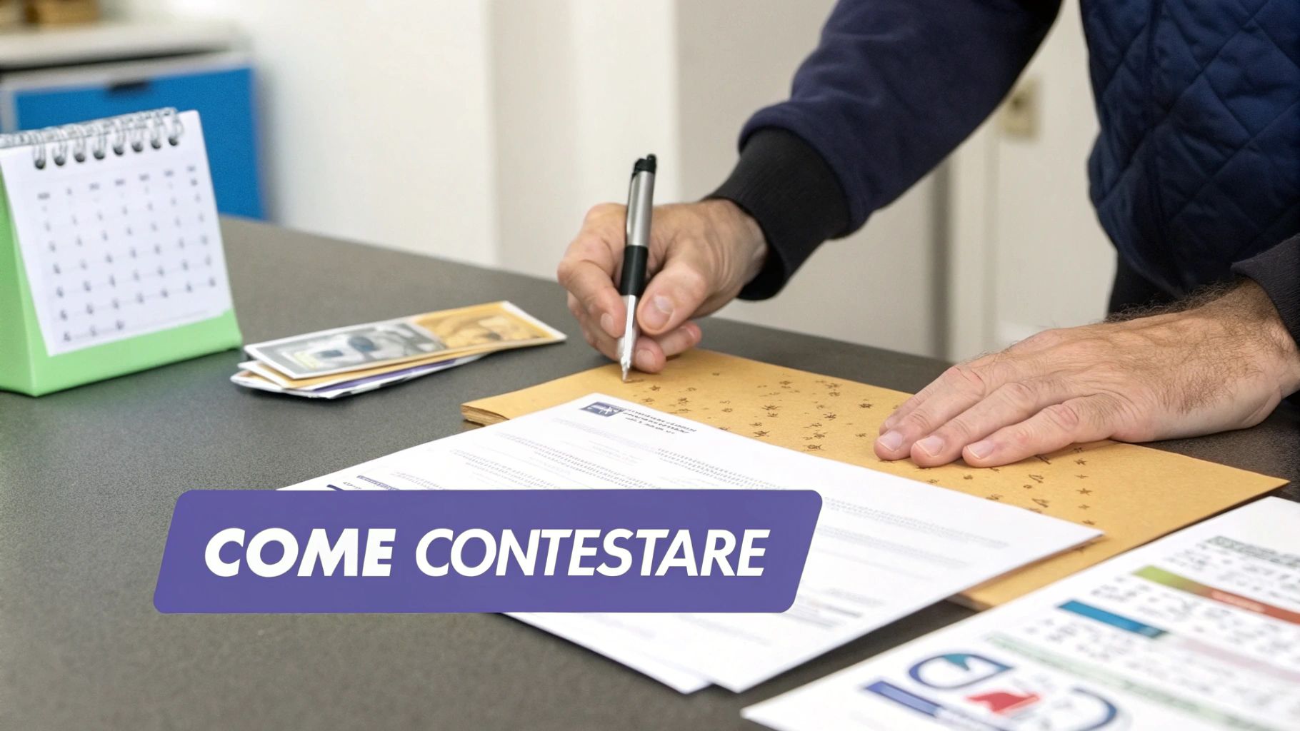 Una persona compila moduli e documenti su una scrivania, con denaro e un calendario, suggerendo procedure legali per contestare.