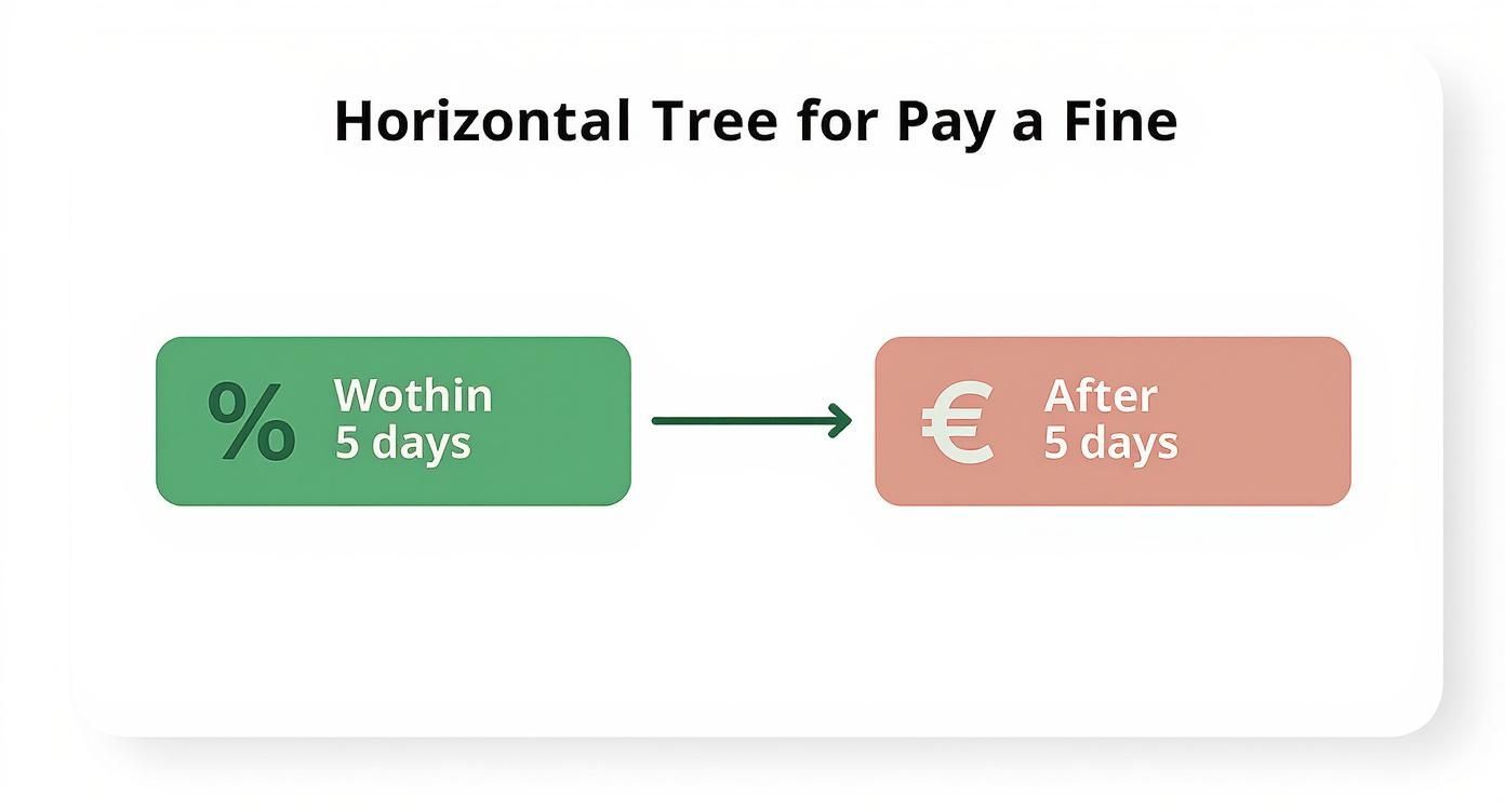 Un albero decisionale che illustra le opzioni di pagamento della multa: entro 5 giorni con sconto e dopo 5 giorni con importo maggiorato.
