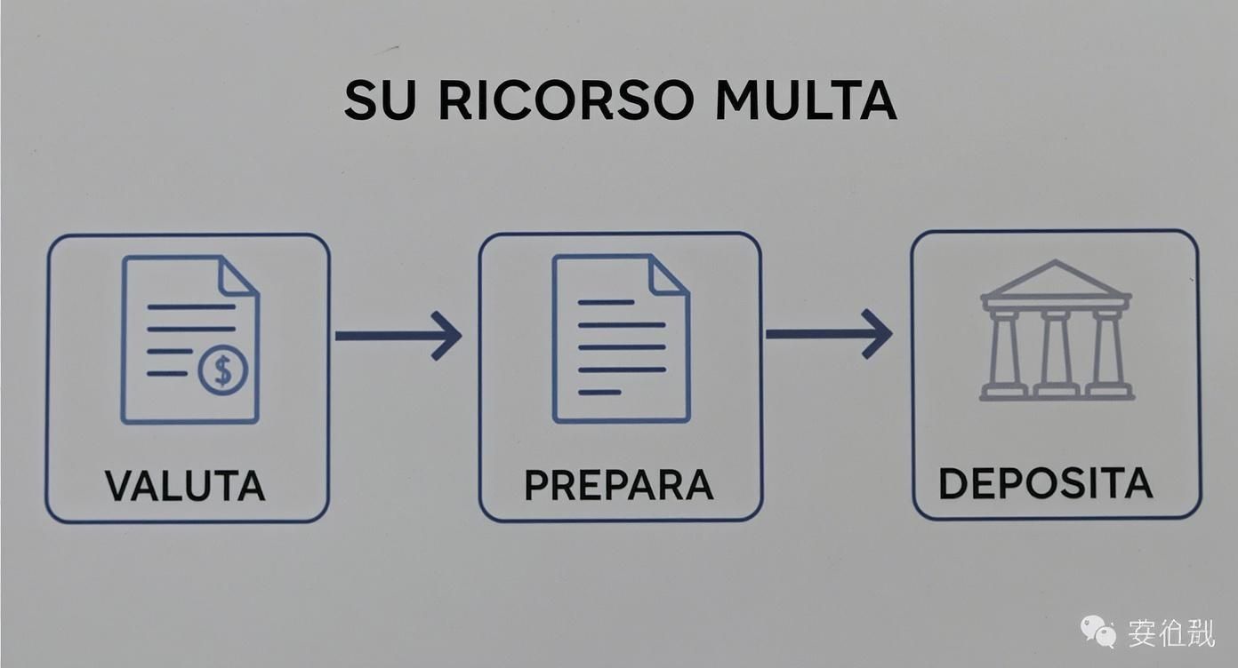 Diagramma di flusso che illustra i passaggi per il ricorso contro una multa: valuta, prepara e deposita il documento.