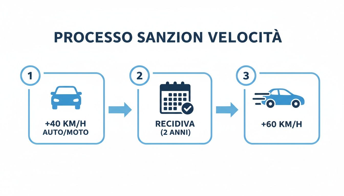 Diagramma del processo sanzionatorio per eccesso di velocità, indicante soglie di infrazione e recidiva entro 2 anni.