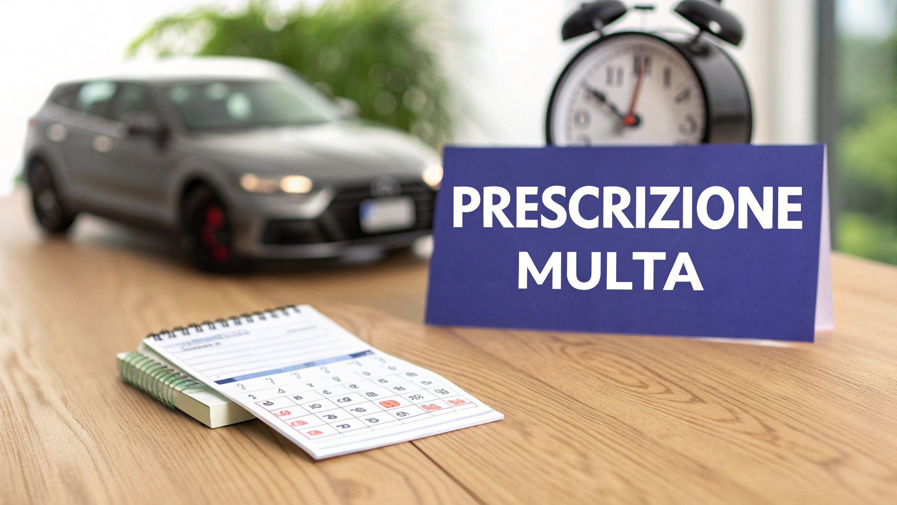 Un tavolo con un cartello blu che recita "PRESCRIZIONE MULTA", un calendario, una sveglia e un'auto sfocata.
