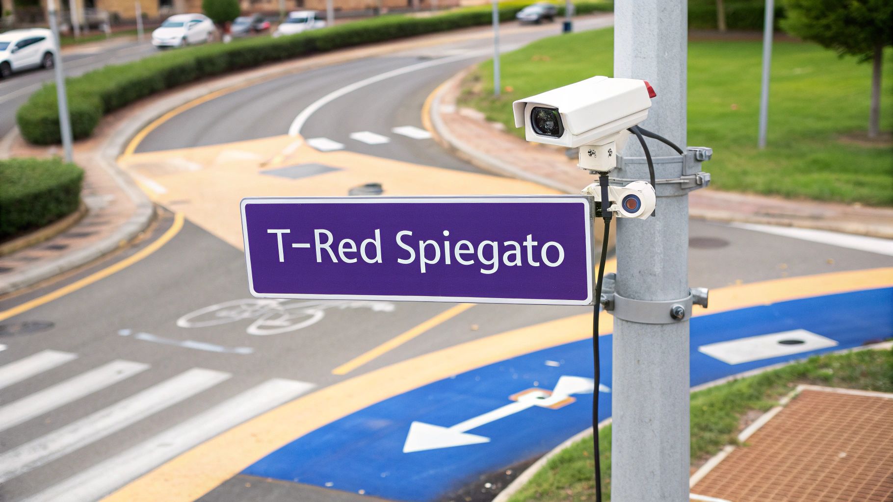 Telecamera di sorveglianza T-Red Spiegato installata su palo per controllo infrazioni semaforo rosso su strada urbana