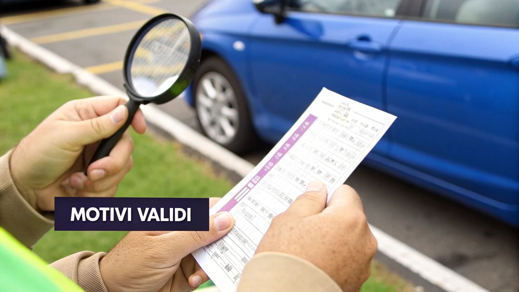 Mani che esaminano una multa con una lente d'ingrandimento, con un'auto blu sullo sfondo e la scritta 'MOTIVI VALIDI'.