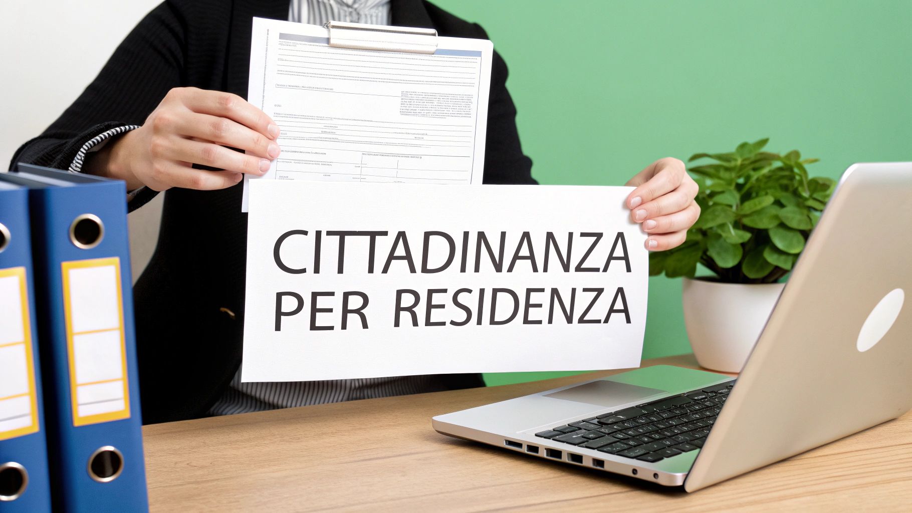 Una persona tiene in mano documenti e un cartello con scritto 'CITTADINANZA PER RESIDENZA' su una scrivania, con laptop e raccoglitori.