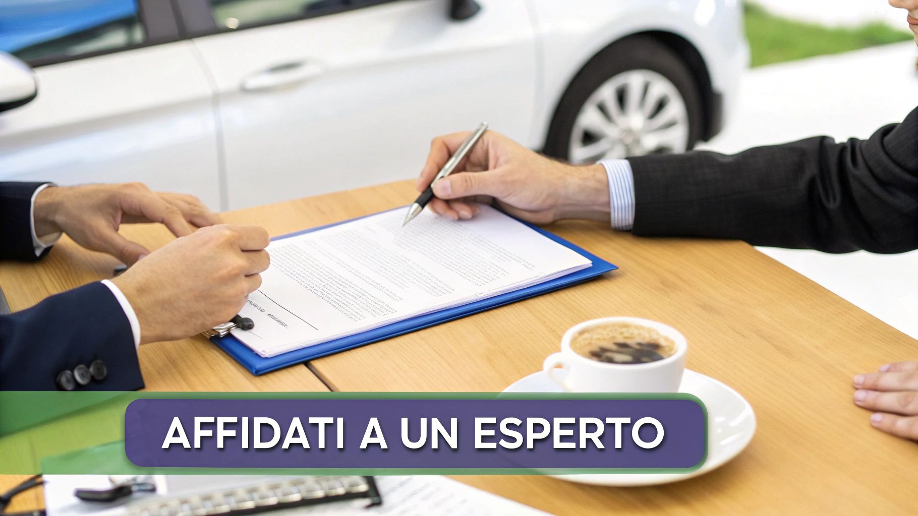 Due uomini d'affari firmano un documento su un tavolo, con un'auto bianca sullo sfondo e una tazza di caffè.