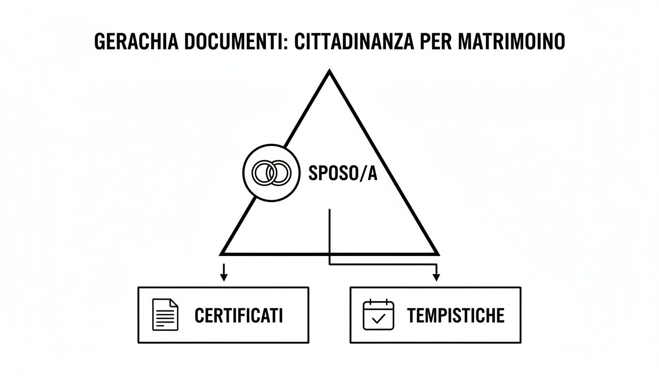Gerarchia dei documenti per la cittadinanza italiana per matrimonio, con sposo/a, certificati e tempistiche.