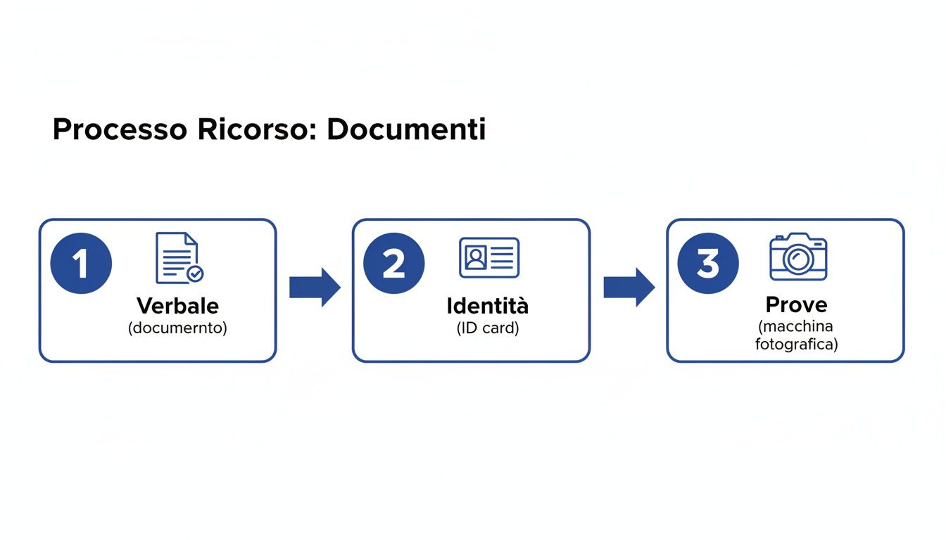 Diagramma di flusso che illustra i documenti necessari per un ricorso: Verbale, Identità e Prove fotografiche.