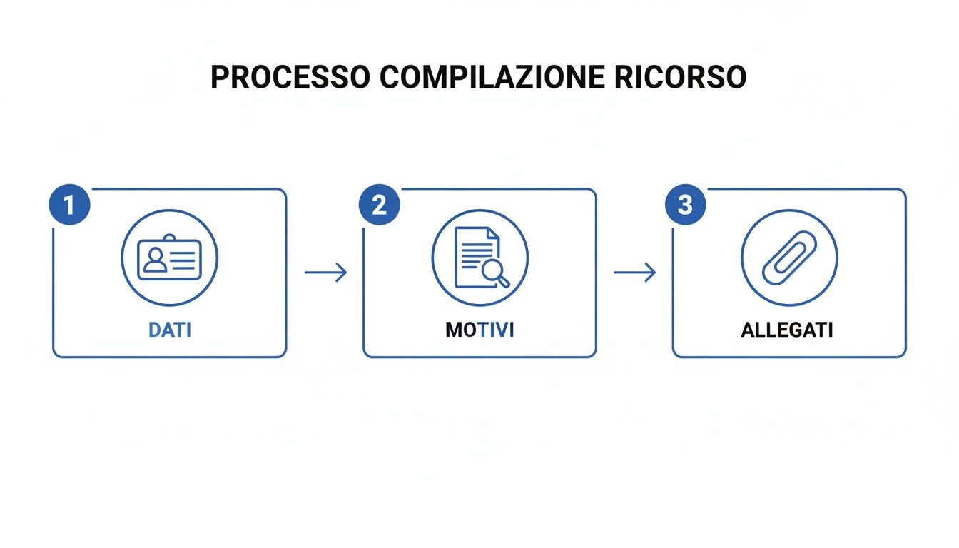Diagramma di flusso che illustra i tre passaggi per la compilazione di un ricorso: dati, motivi e allegati.