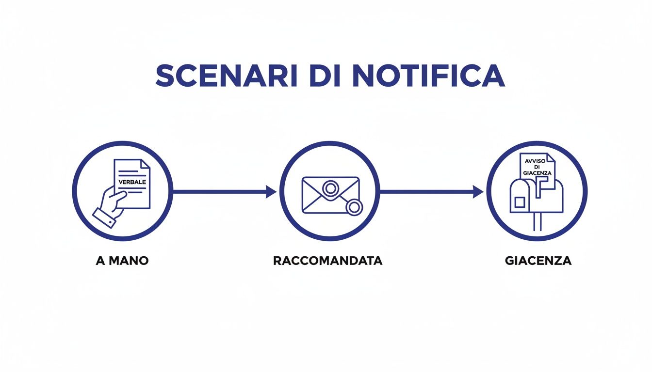 Un diagramma di flusso illustra i passaggi di notifica di un verbale, dalla consegna a mano alla raccomandata e infine all'avviso di giacenza.
