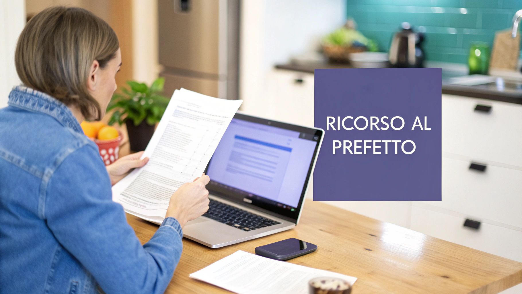 Donna in giacca di jeans legge documenti su un tavolo con laptop, evidenziando il ricorso al prefetto.