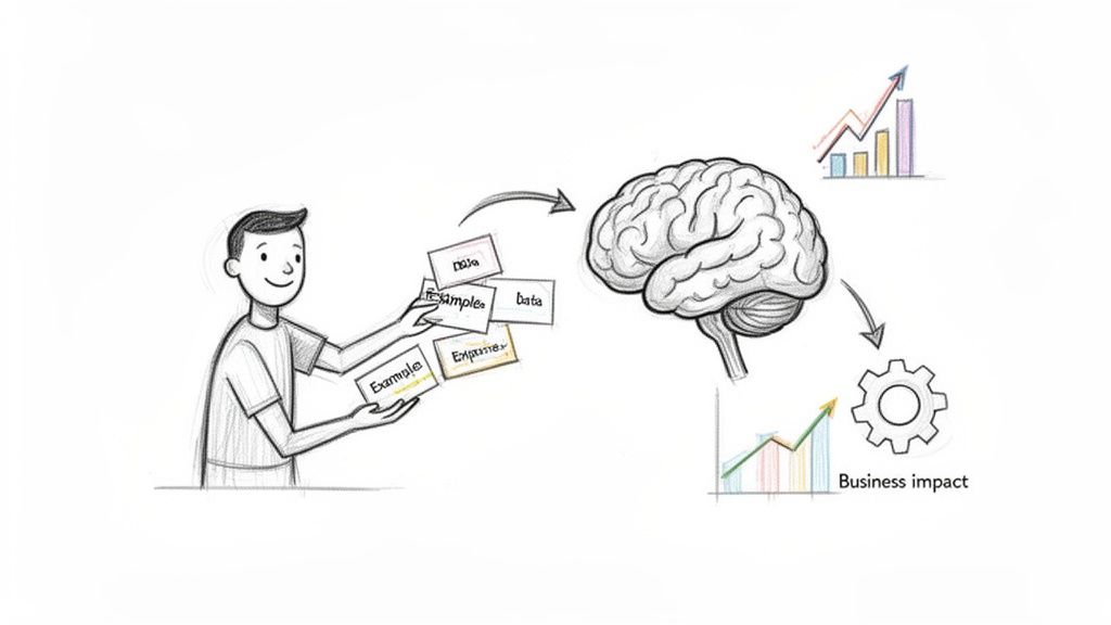 Ilustração de uma pessoa a introduzir dados e exemplos num cérebro, que produz gráficos a mostrar impacto no negócio e crescimento.