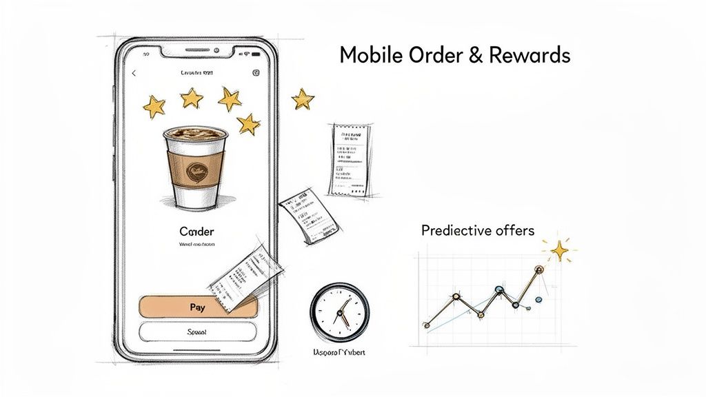 A mobile app concept illustrating coffee ordering, loyalty rewards, receipts, and predictive offers for digital business transformation.