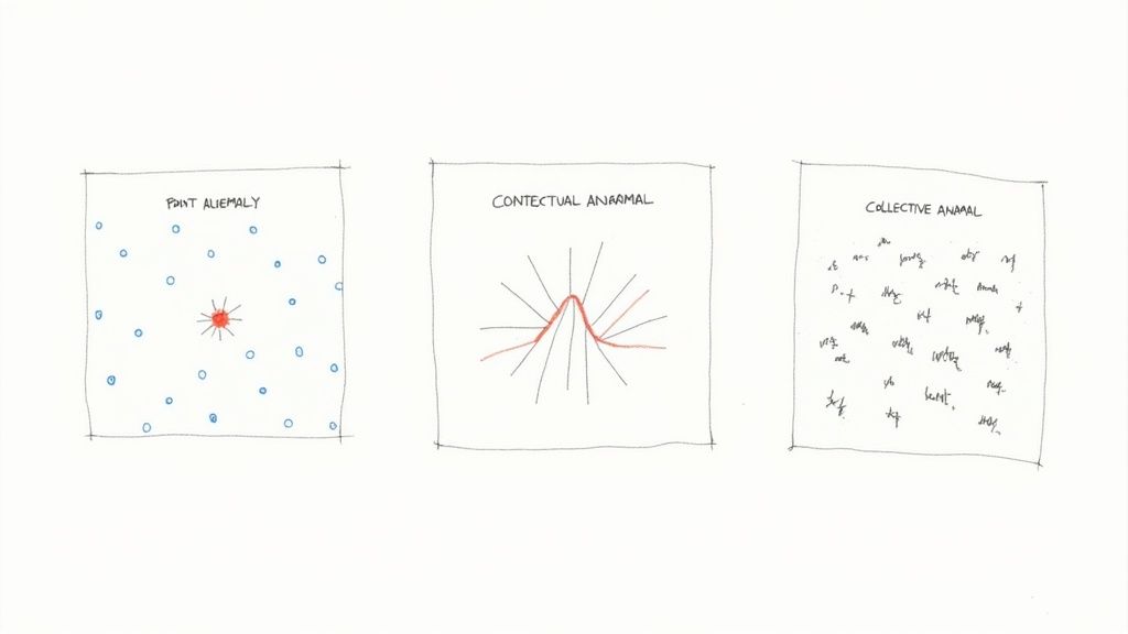 Three diagrams showing point anomaly, contextual anomaly, and collective anomaly detection types illustrated