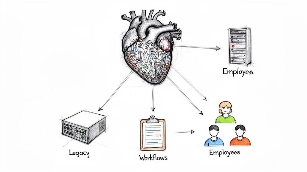 A conceptual diagram of a central technology heart integrating with legacy systems, workflows, and employees.