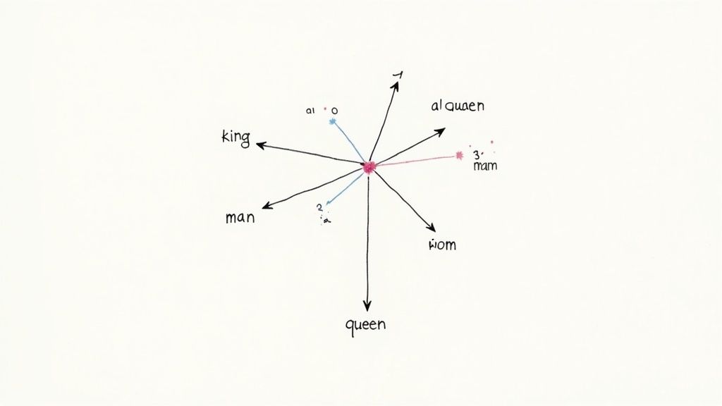 Diagrama conceptual que muestra relaciones entre palabras y aritmética vectorial en el procesamiento del lenguaje natural.
