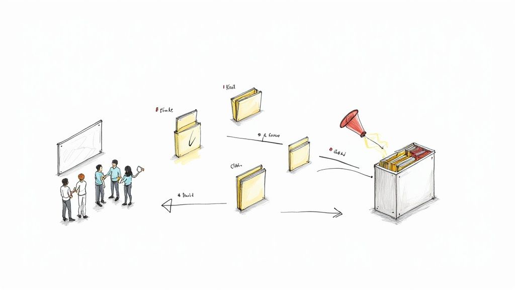 Fluxo de trabalho visual mostrando o processo de organização de documentos, de pastas para um arquivo com uma luz a iluminar os ficheiros