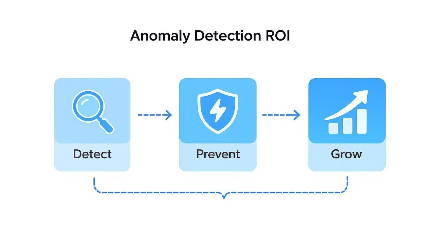 Anomaly detection ROI flowchart showing three stages: detect threats, prevent issues, and grow business performance
