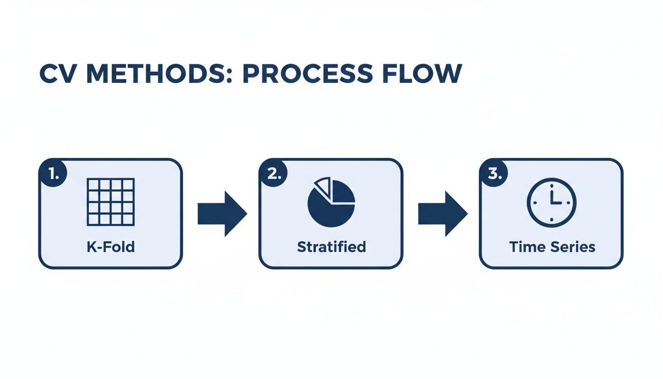 Diagrama de flujo de proceso que ilustra tres métodos de validación cruzada: K-Fold, Estratificado y Series Temporales.