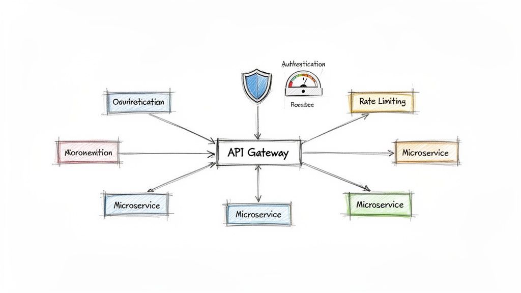 Diagrama que ilustra un API Gateway actuando como punto de entrada central para microservicios, gestionando autenticación y limitación de tasa.
