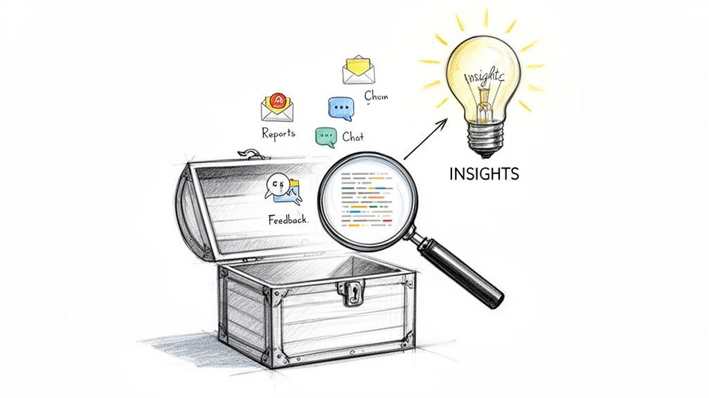 A magnifying glass analyzes diverse digital data from an open treasure chest, revealing bright insights.