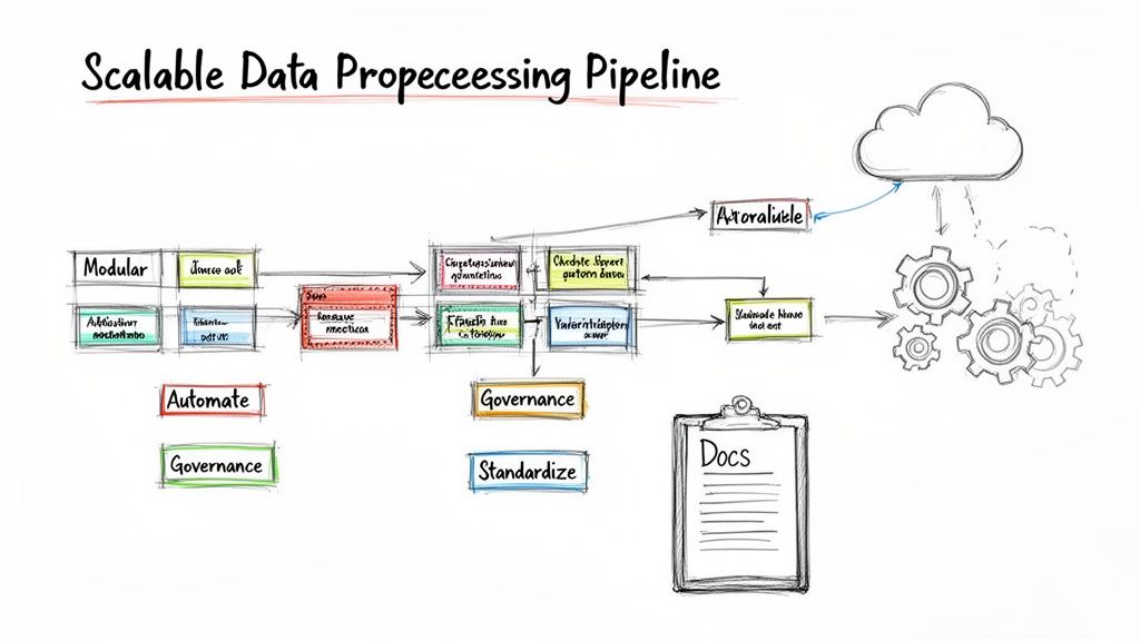 Flowchart illustrating a scalable data preprocessing pipeline with modular steps, automation, governance, and documentation.