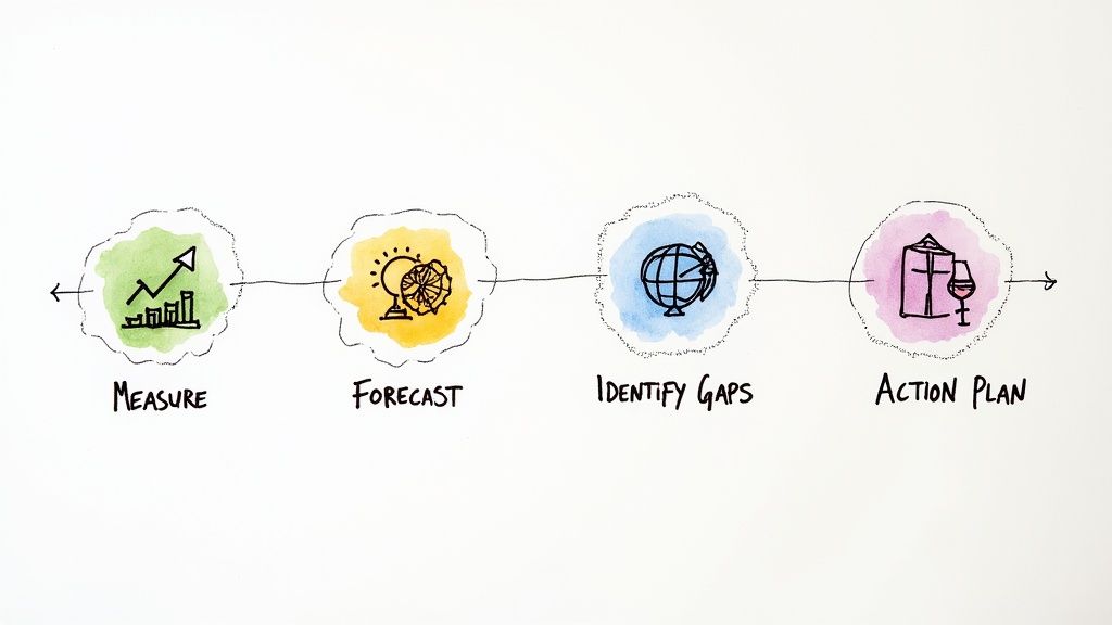 Uma equipa trabalha num projeto, simbolizando os passos orientados para a ação de um enquadramento de planeamento de capacidade.