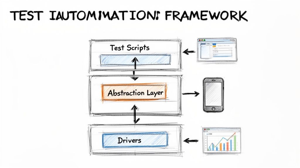 Diagrama que ilustra uma framework de automatização de testes com camadas para scripts, abstração e controladores que interagem com aplicações e dispositivos.