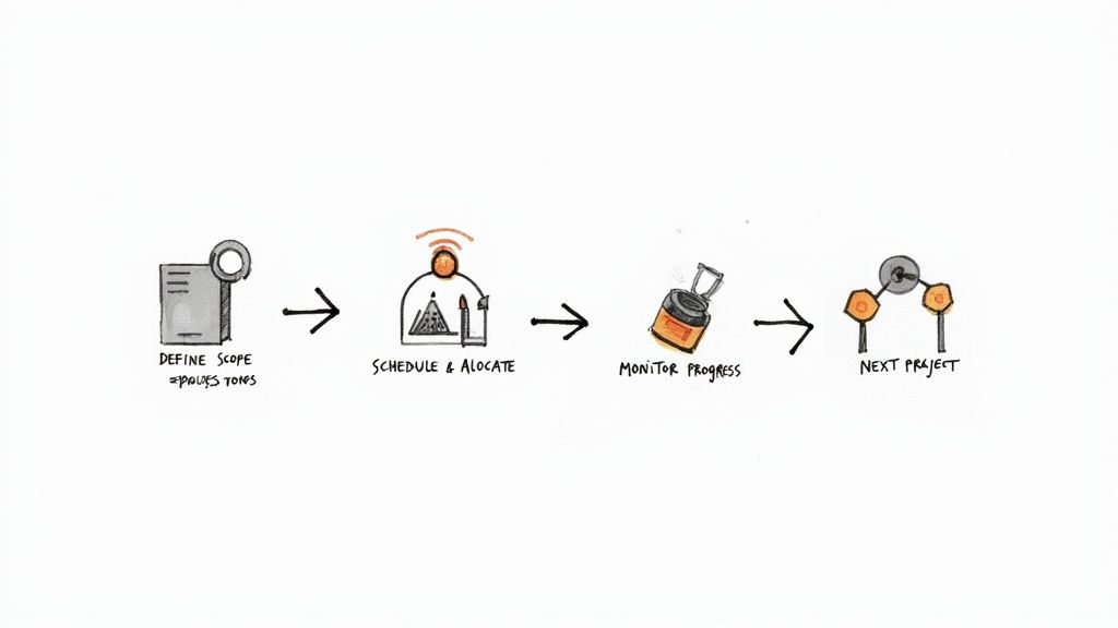 Uma equipa a colaborar à volta de um painel digital, ilustrando um fluxo de trabalho moderno de planeamento de recursos.