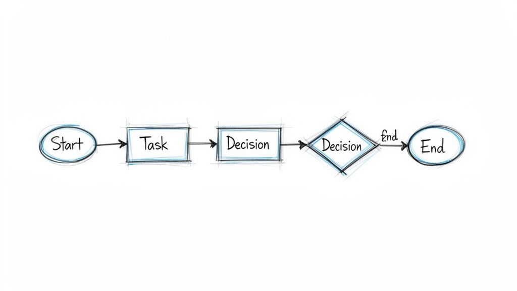 Hand-drawn flowchart illustrating a sequential business process with start, task, and decision points leading to an end.