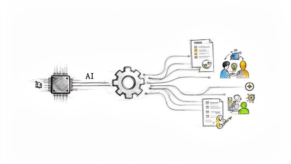 Diagrama que ilustra um microchip de IA ligado a uma engrenagem, resultando em vários outputs de tarefas e colaboração humana.