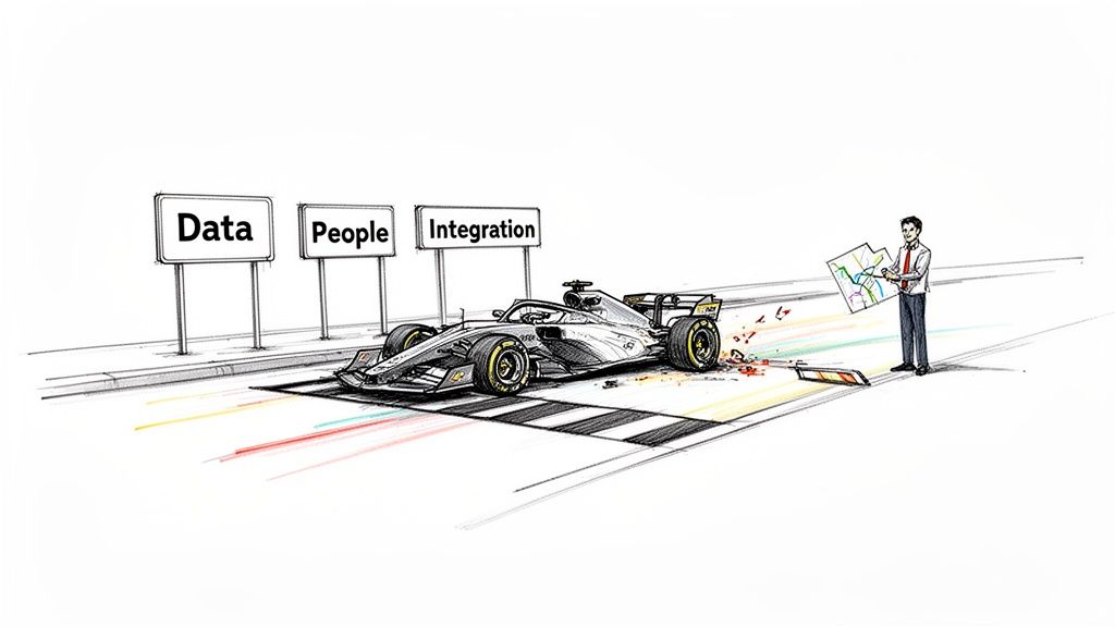 A formula one race car crashed on a road with signs for 'Data,' 'People,' 'Integration,' and a man holding a map.