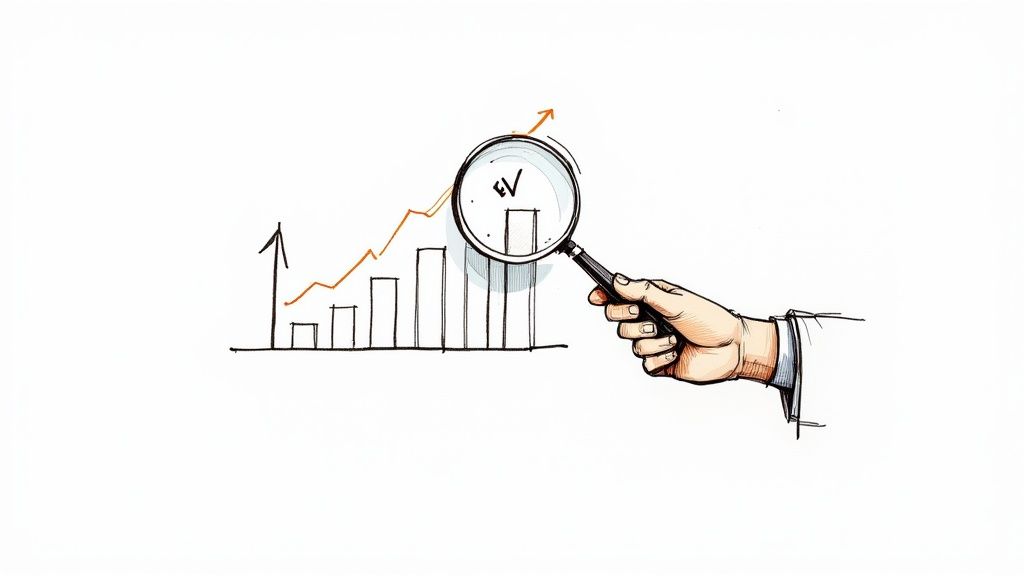 Hand holding magnifying glass examining upward trending bar chart showing business growth analysis
