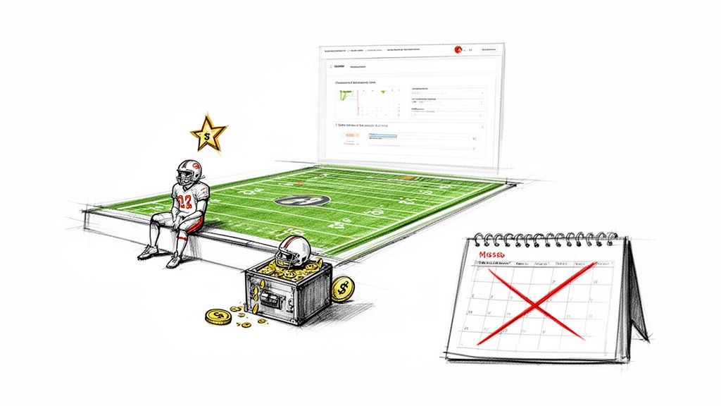 Sketch of a football player, financial rewards, data dashboard, and a crossed-out calendar.
