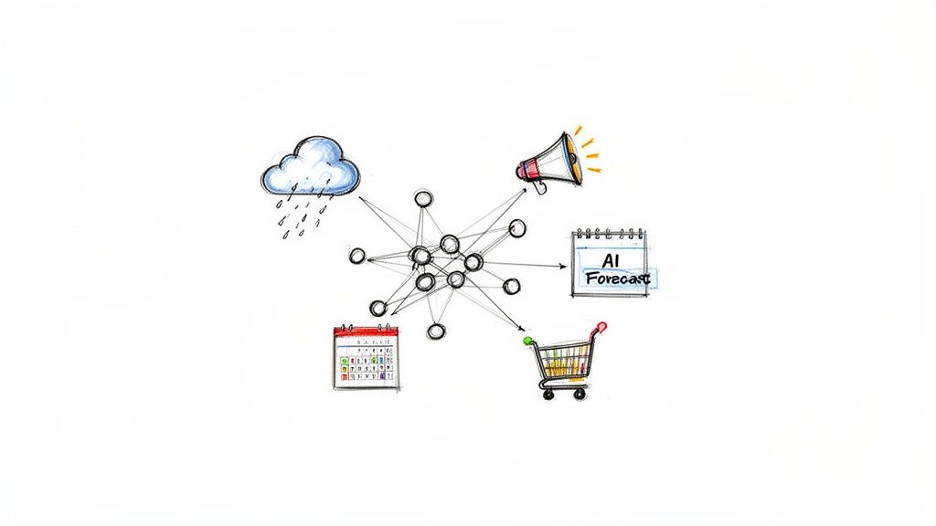 A diagram illustrates a predictive model processing weather and calendar data to generate AI forecasts and sales.