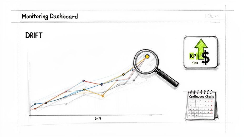Monitoring dashboard showing drift analysis with a line graph, magnifying glass, KPI growth, and continuous checks calendar.