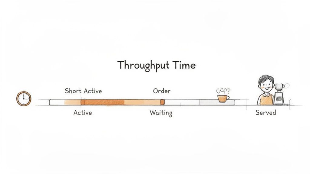 Ilustração de uma linha temporal de processo com tempo de atravessamento, mostrando fases como Ativo, Encomenda, Espera e Servido.