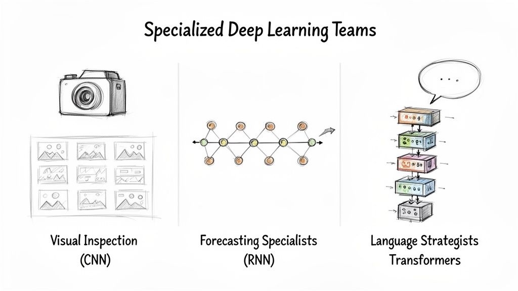 Illustration showing specialized deep learning models like CNN, RNN, and Transformers for different tasks.