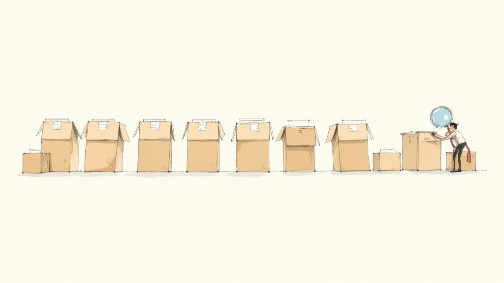 Person examining cardboard boxes with magnifying glass searching for anomalies in shipping inventory