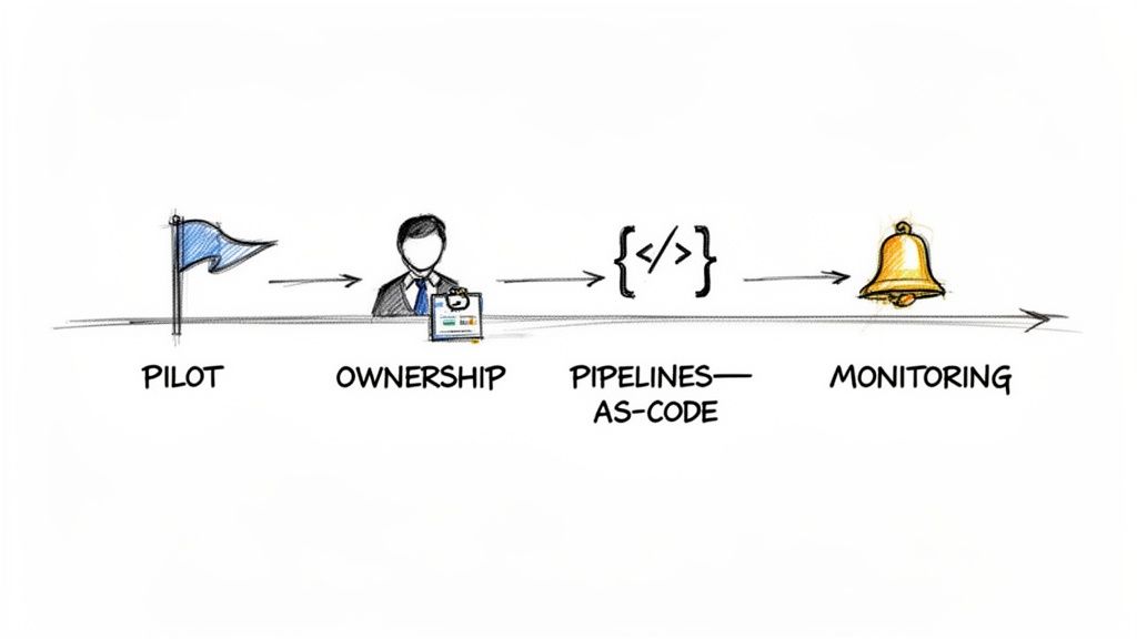 Un diagrama esquemático que ilustra un proceso de cuatro etapas: Piloto (bandera), Propiedad (persona), Pipelines como Código (icono de código) y Monitorización (campana).