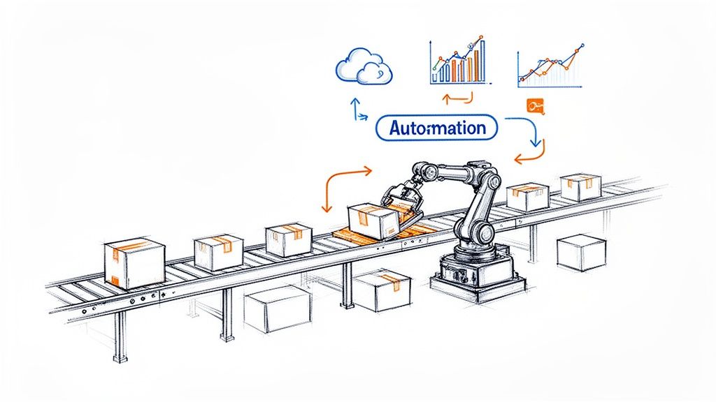 Robotic arm on a conveyor belt automates box handling, connected to cloud and data analytics for digital transformation.