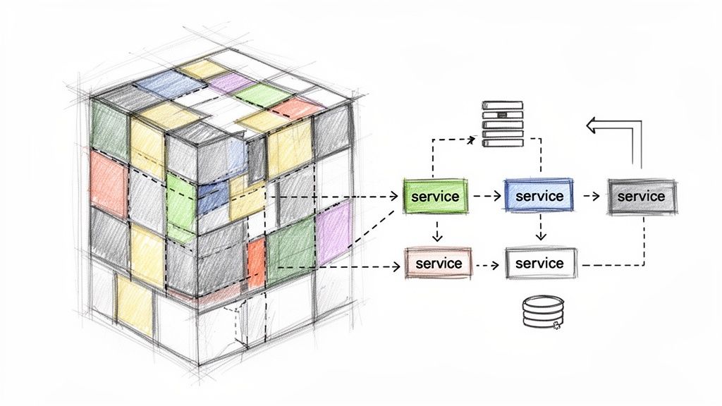 Diagrama que ilustra la descomposición de un sistema monolítico grande en una arquitectura de microservicios interconectados.