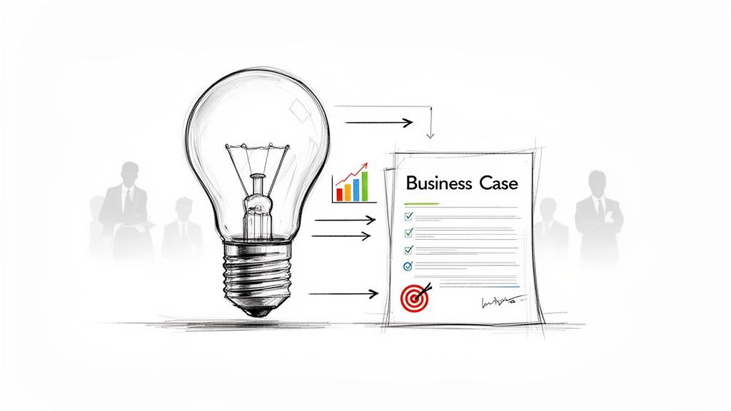 Esboço que ilustra a jornada de uma ideia (lâmpada) até um business case detalhado com objetivos e gráficos de crescimento.