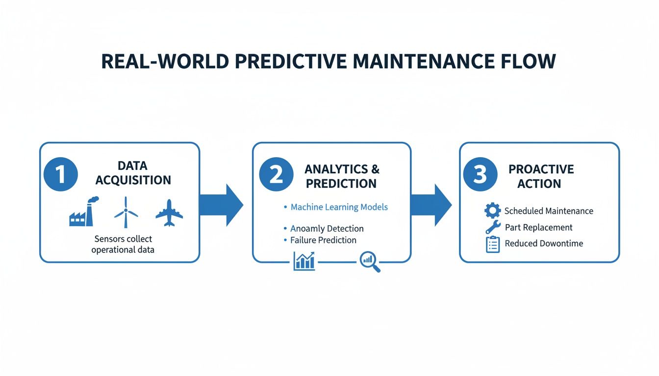 Diagram illustrating the real-world predictive maintenance flow with data acquisition, analytics, and proactive actions.