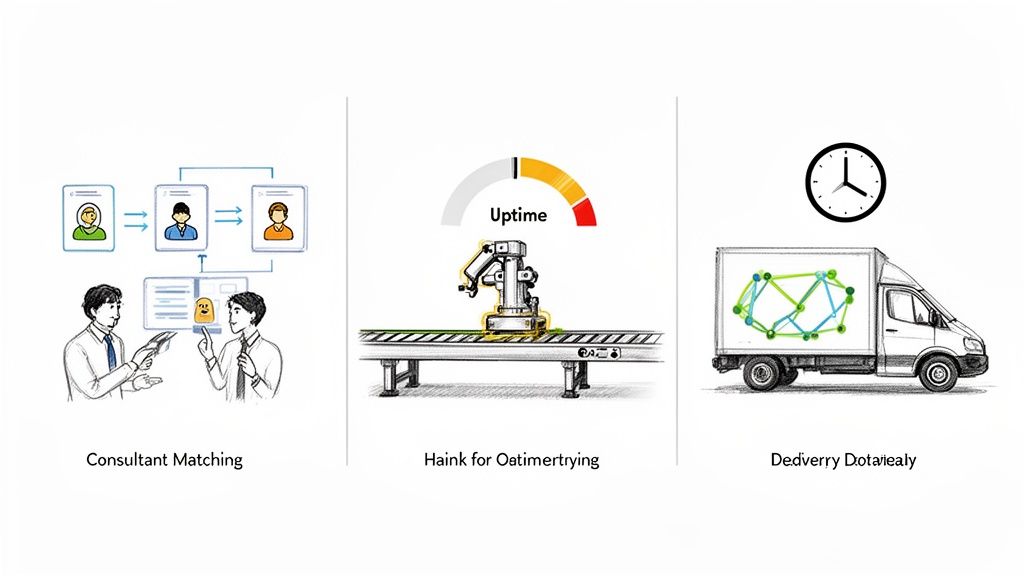 Illustrations showing consultant matching, robotic arm uptime monitoring, and optimized delivery logistics.