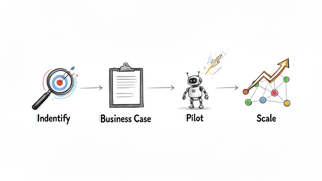 A four-step process diagram showing identifying, business case, pilot, and scaling with icons.