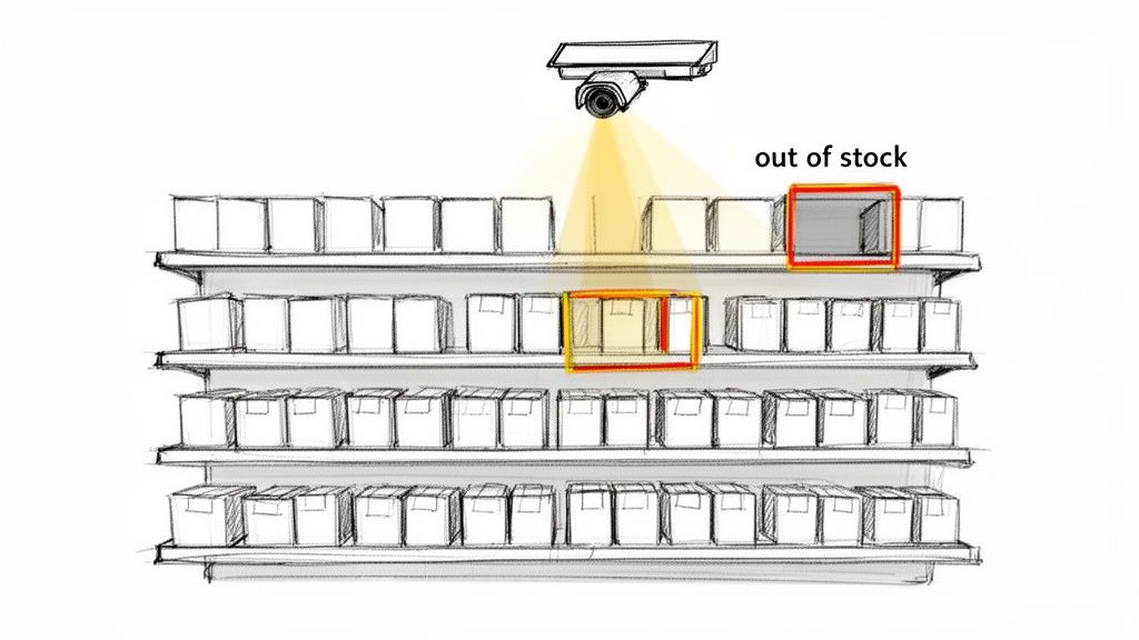 Security camera monitors store shelves, detecting out-of-stock items for inventory management.