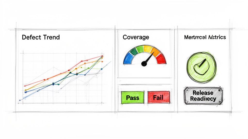 Um dashboard desenhado à mão que apresenta tendências de defeitos, um medidor de cobertura e métricas de prontidão para lançamento.